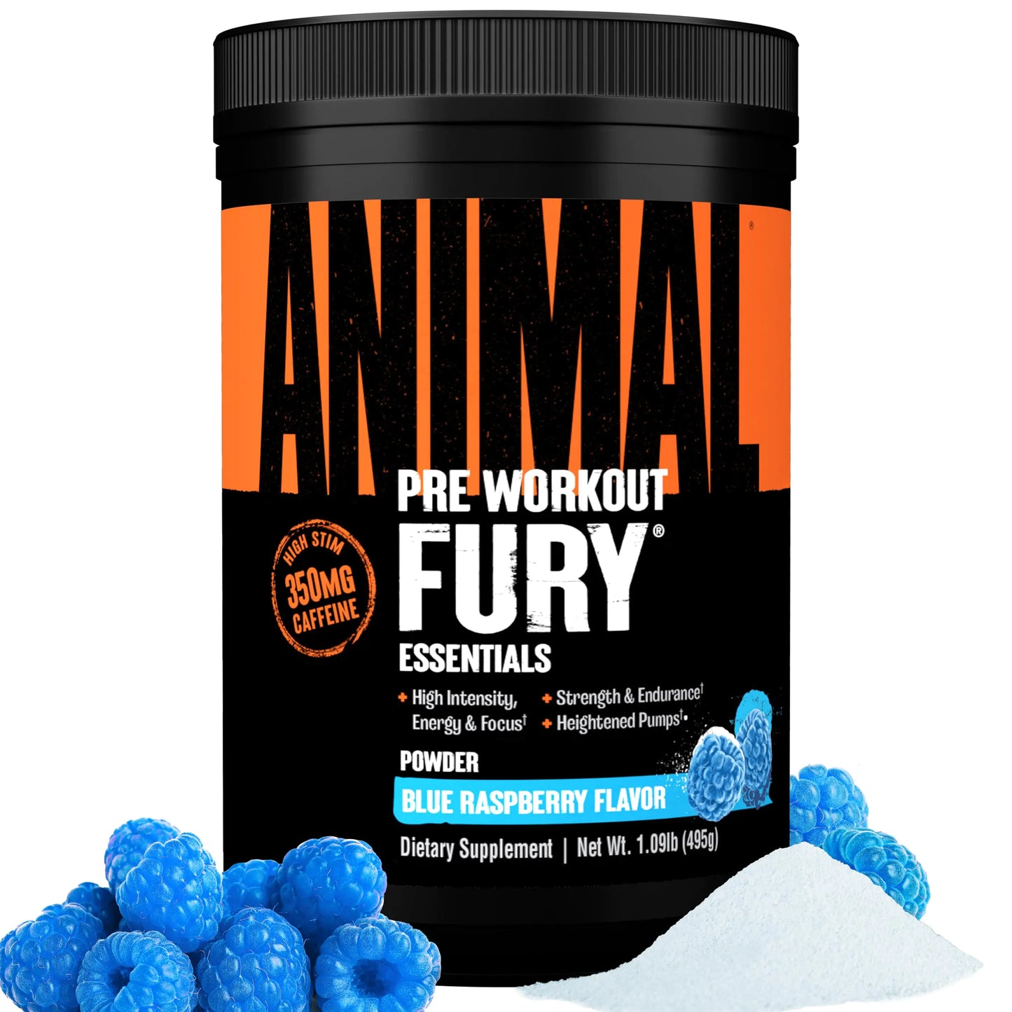 Animal Fury Pre Workout Powder - Energy and Focus Supplement with 5g BCAA 350mg Caffeine Nitric Oxide Booster with Beta-Alanine Preworkout for Men and Women Blue Raspberry Flavor 30 Servings