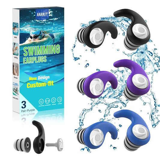 Waterproof Swimming Ear Plugs for Adults - 3 Pairs of Reusable Soft Silicone Swim Earplugs.