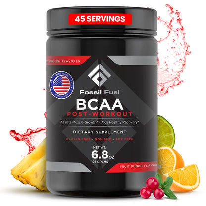 Fossil Fuel BCAA Powder Fruit Punch 6.8oz – Sugar-Free Electrolytes Powder with Essential Amino Acids for Pre-Workout Muscle Recovery and Hydration